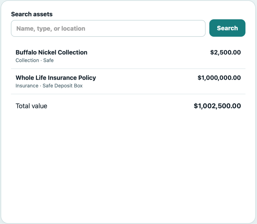 DecaVault AssetTrack showing searchable assets with locations, values and total asset value