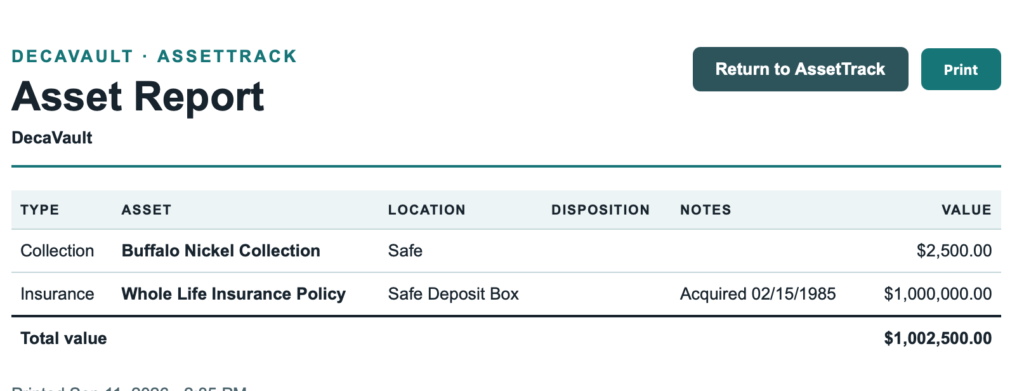 DecaVault AssetTrack printable report showing assets, locations, notes, values and total asset value