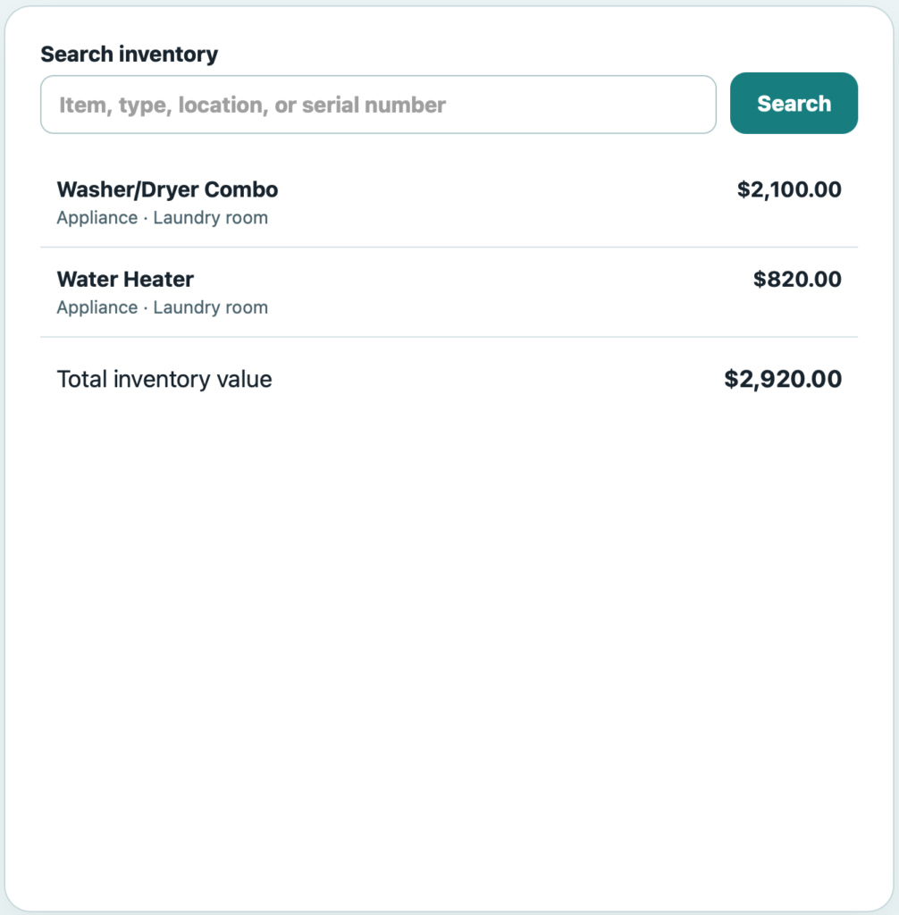DecaVault DisasterTrack showing searchable home inventory items, locations and total inventory value