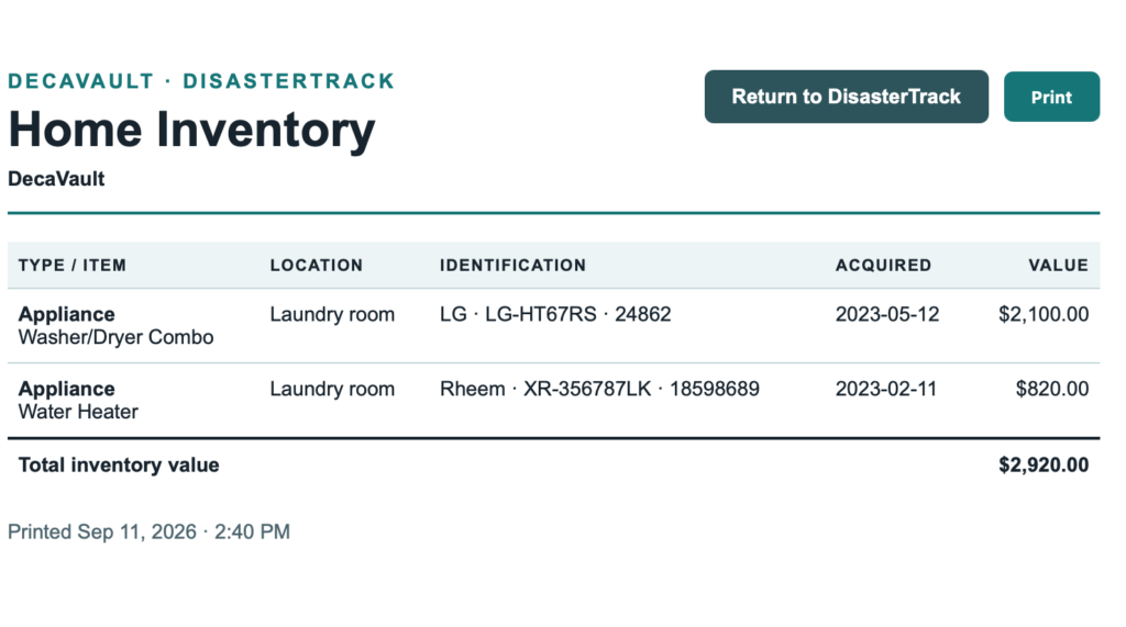 DecaVault DisasterTrack printable home inventory report with item identification, location and value