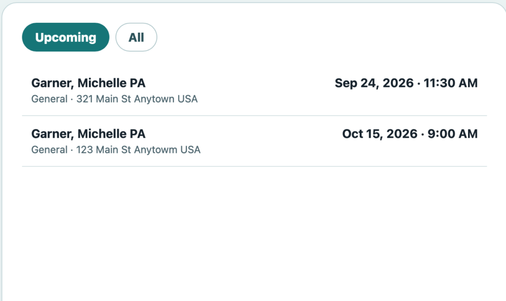 DecaVault DrTracker showing upcoming doctor appointments with provider, location, date and time