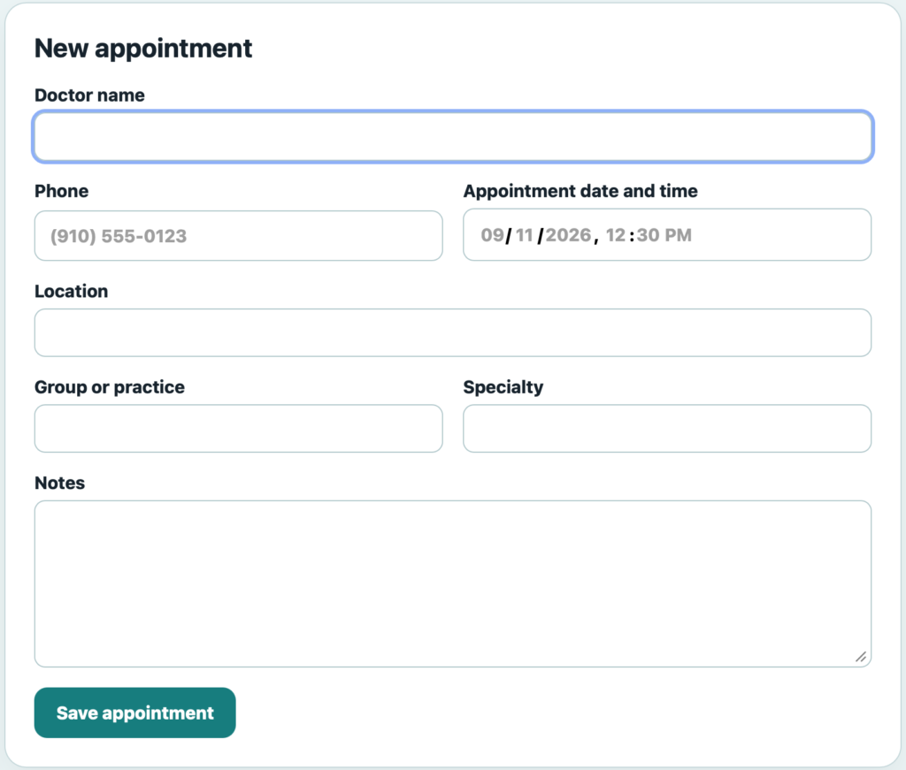 DecaVault DrTracker showing doctor appointment details including date, location, specialty and phone number