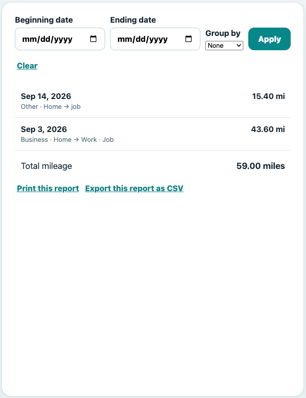 DecaVault MileTrack showing recorded trips and total mileage for a selected date range