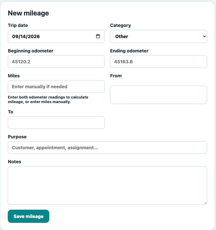 DecaVault MileTrack interface showing a new mileage entry form with Category dropdown, odometer fields, and CSV export options.