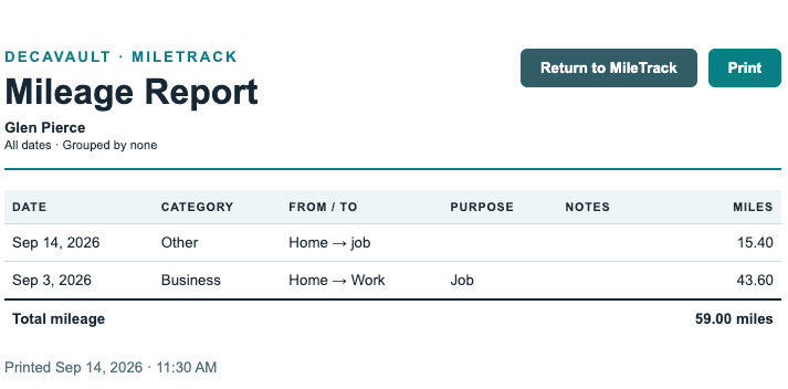 DecaVault MileTrack printable mileage report showing trips, purpose, miles and total mileage