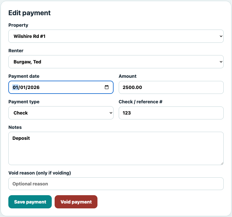 DecaVault rental property tracker showing rent payment details for a property and renter