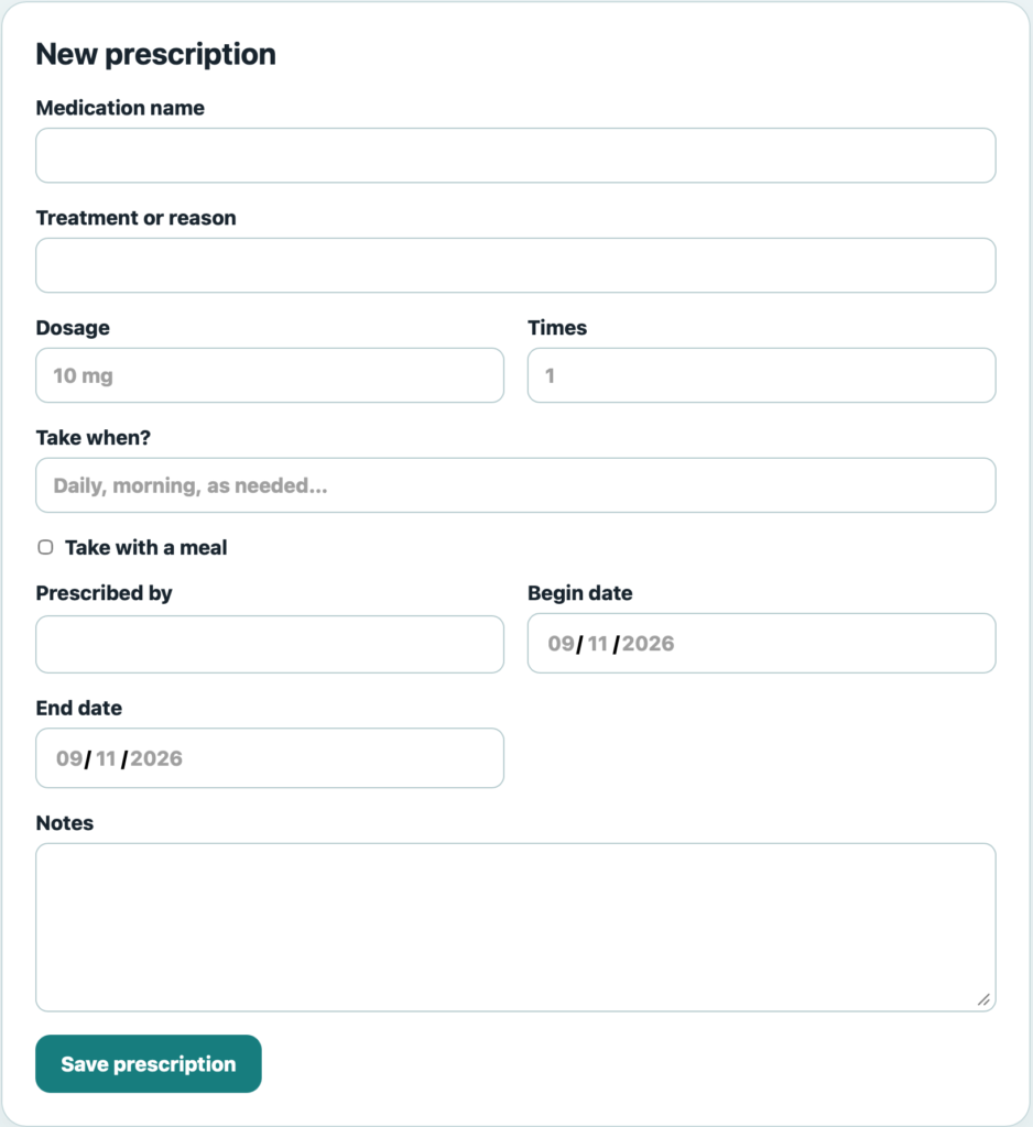 DecaVault RxTracker showing medication details including dosage, directions, prescribing provider and dates