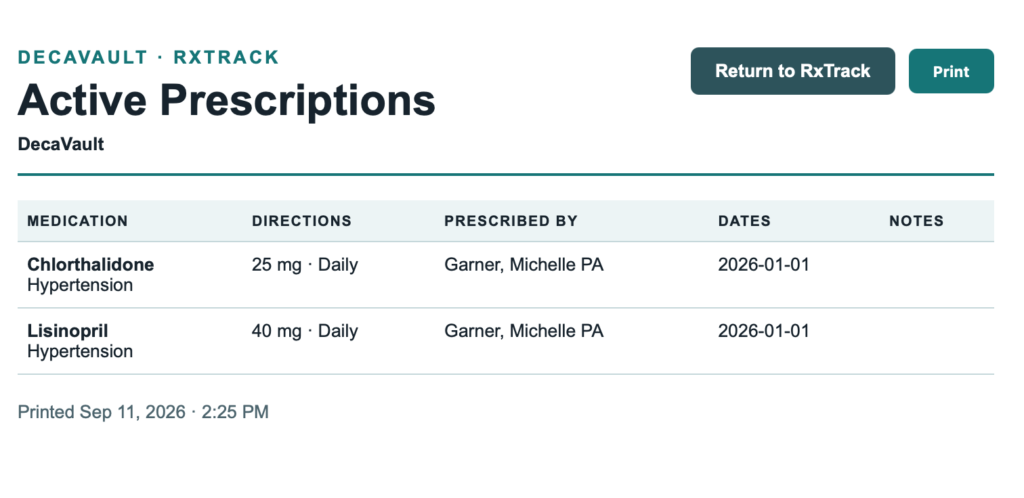 DecaVault RxTracker printable active medication list with dosage, directions and prescribing provider
