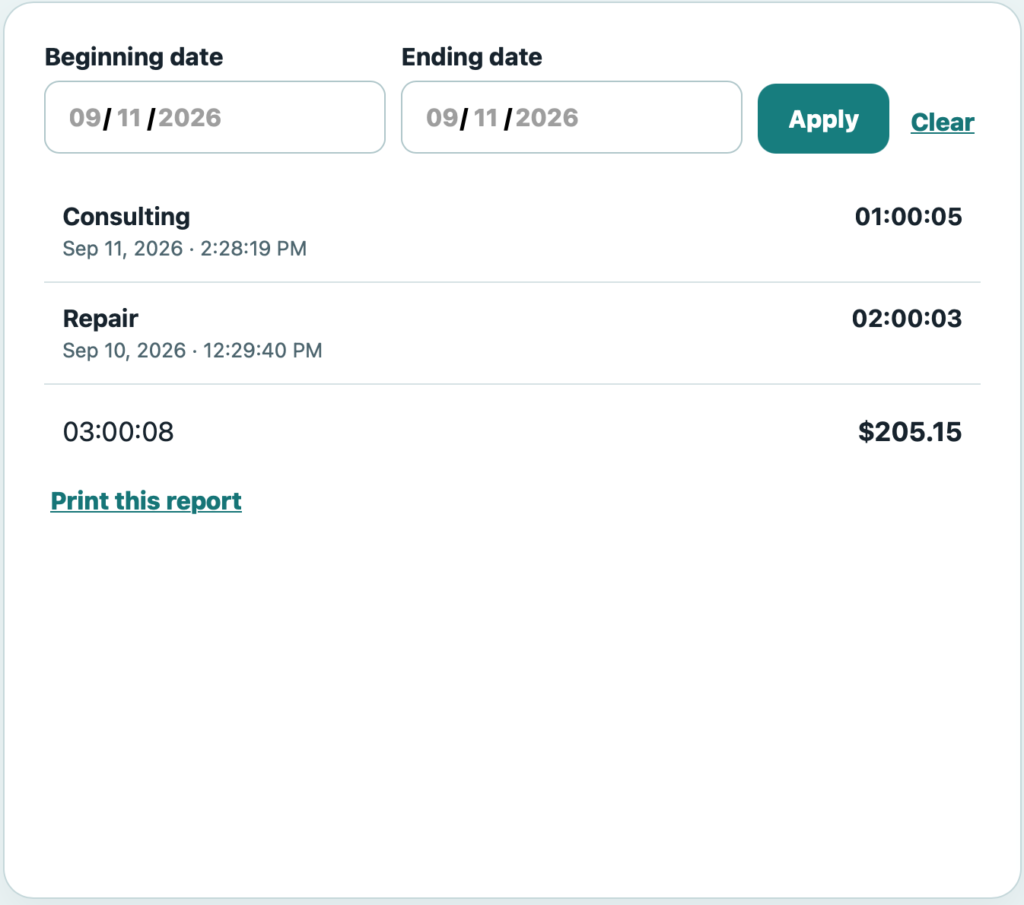 DecaVault TimeTrack showing tracked time and billable amounts for a selected date range
