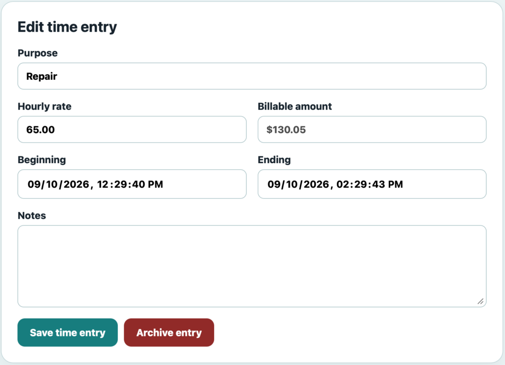 DecaVault TimeTrack showing a time entry with hourly rate, billable amount and beginning and ending times