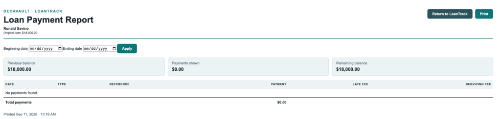 DecaVault Personal Loan Tracker showing loan terms, monthly payment, interest and total payback
